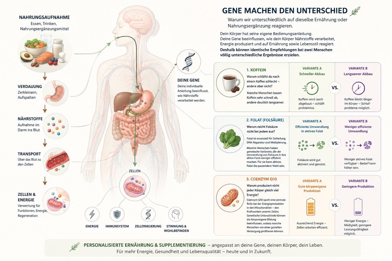 Infografik: Wie dein Körper Nährstoffe aufnimmt und warum Gene den Unterschied machen – mit Beispielen zu Koffein, Folat und Coenzym Q10.